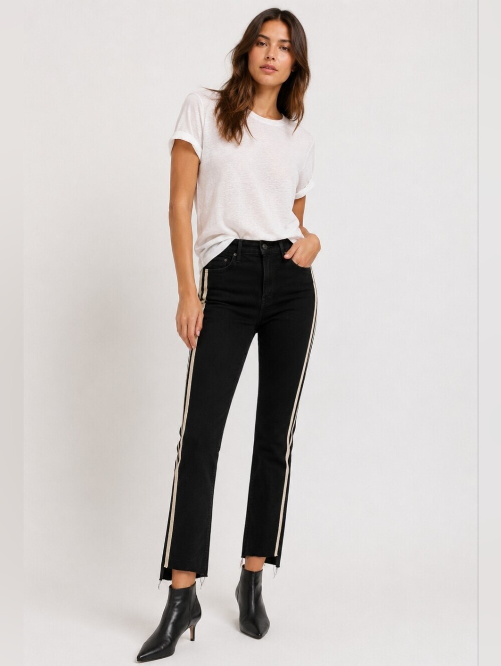 ✨ MOTHER Black Side Stripe Jeans Raw Hem Designer Denim Sz 25 ✨